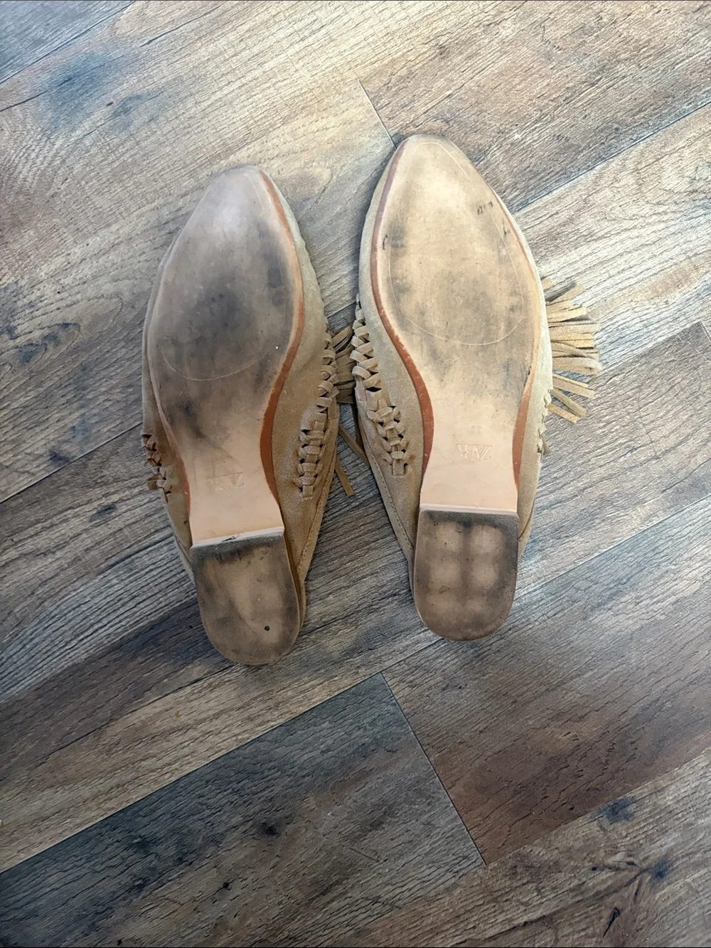 Zara Tan Suede Fringe Woven Slip-On Mules - Picture 2 of 3